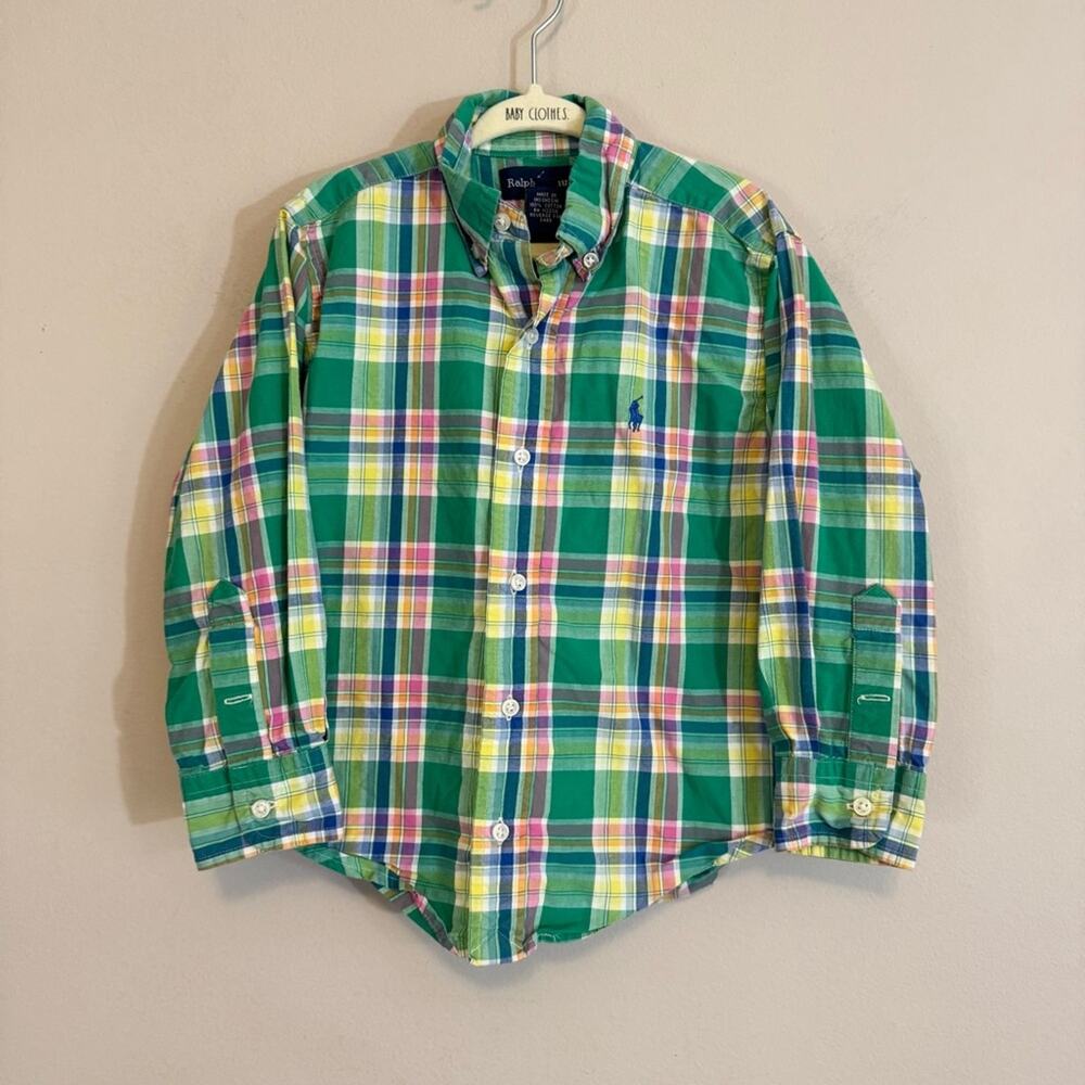 Ralph Lauren Boys Green Pink Plaid Long Sleeve‎ Button Down Shirts Size 4